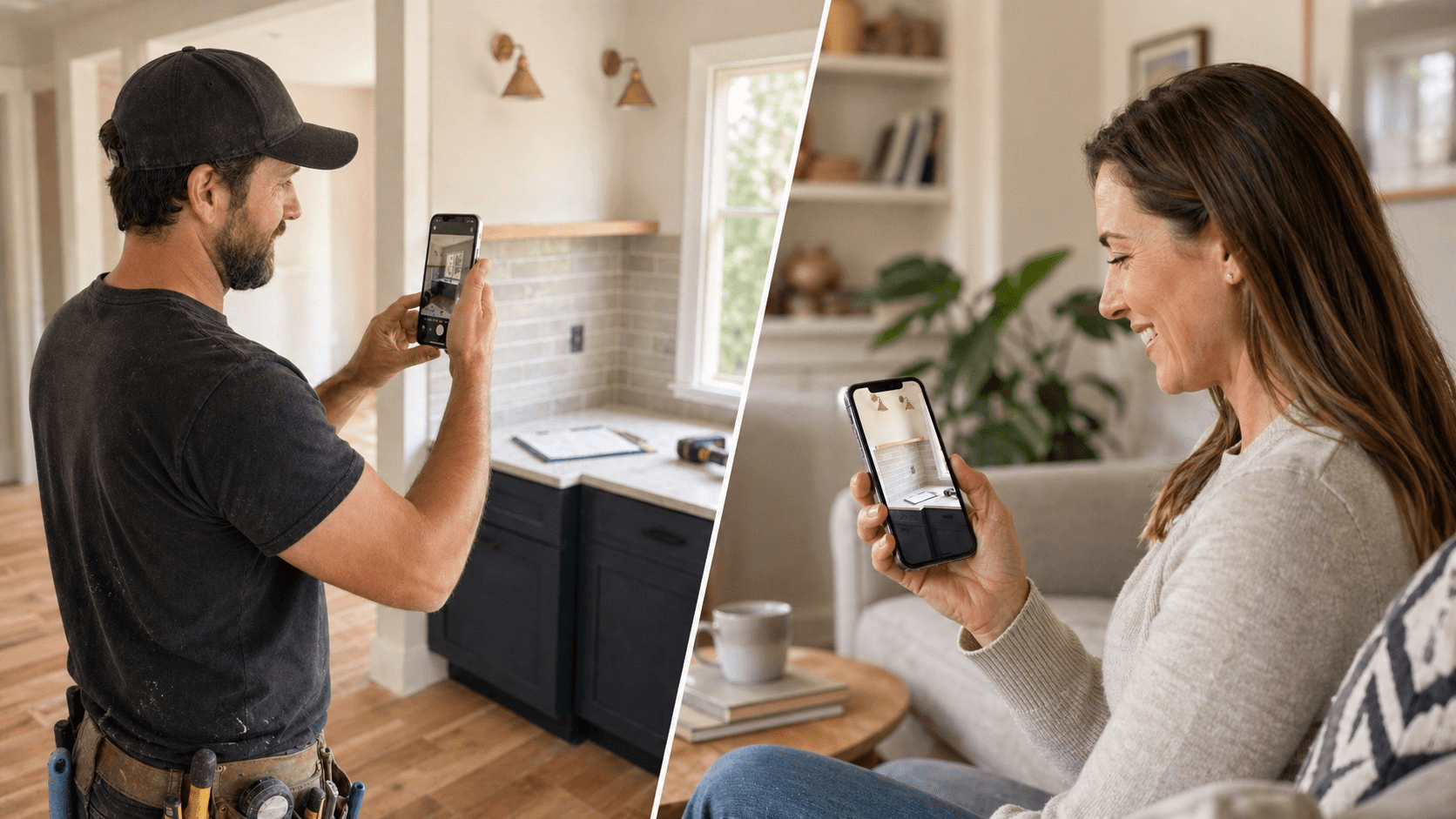 A contractor documenting a job while a property owner reviews the update