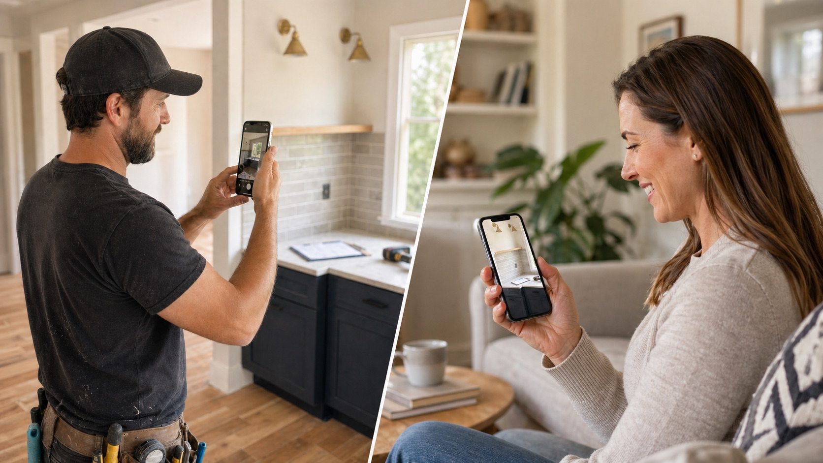 A contractor documenting work on-site while an owner reviews the update from home